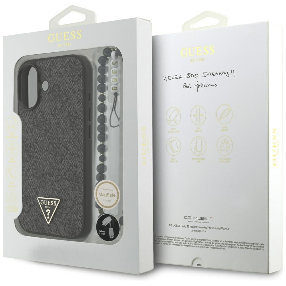 MagSafe hoesje voor Apple iPhone 17, Guess, 4G Triangle Logo met koordriem, Zwart