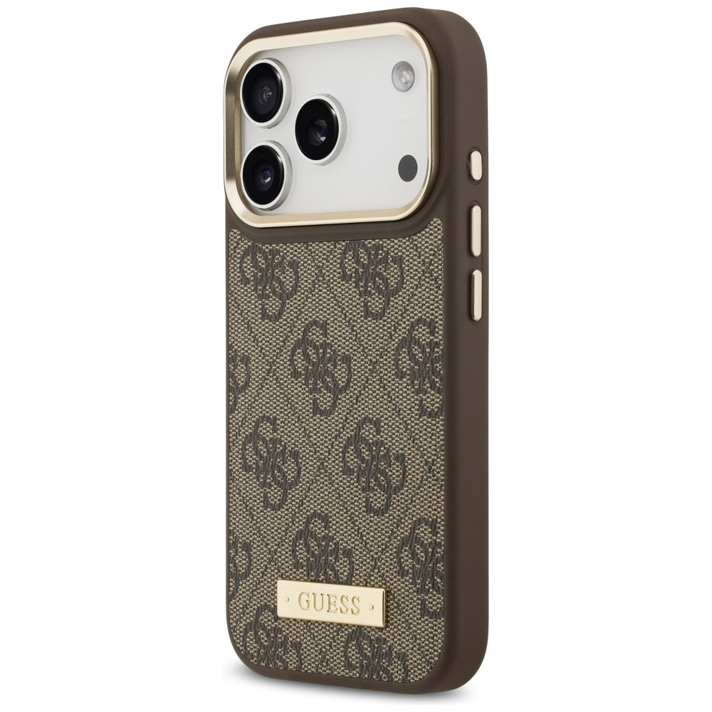 MagSafe hoesje voor Apple iPhone 17 Pro, Guess, 4G Logo Plate, Bruin