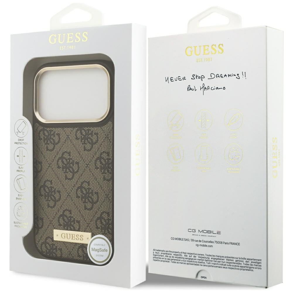 MagSafe hoesje voor Apple iPhone 17 Pro, Guess, 4G Logo Plate, Bruin