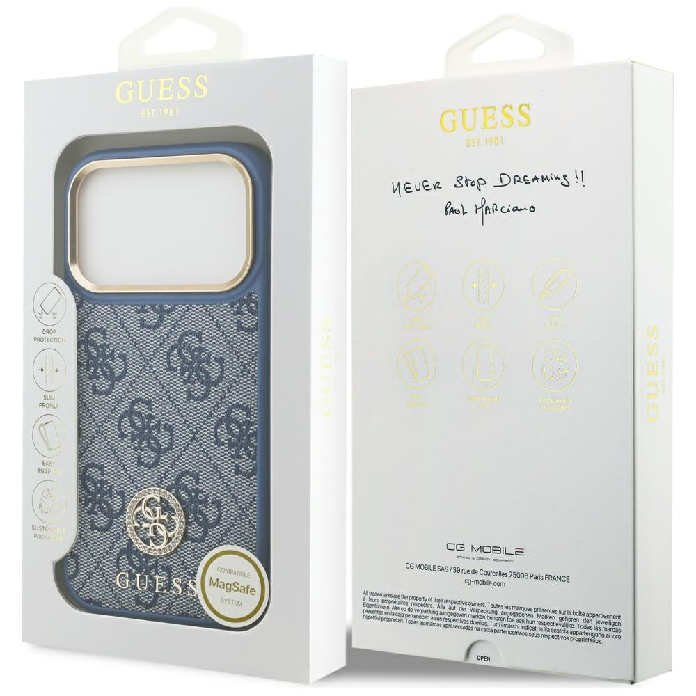 MagSafe hoesje voor Apple iPhone 17 Pro, Guess, 4G Strass Logo, Blauw