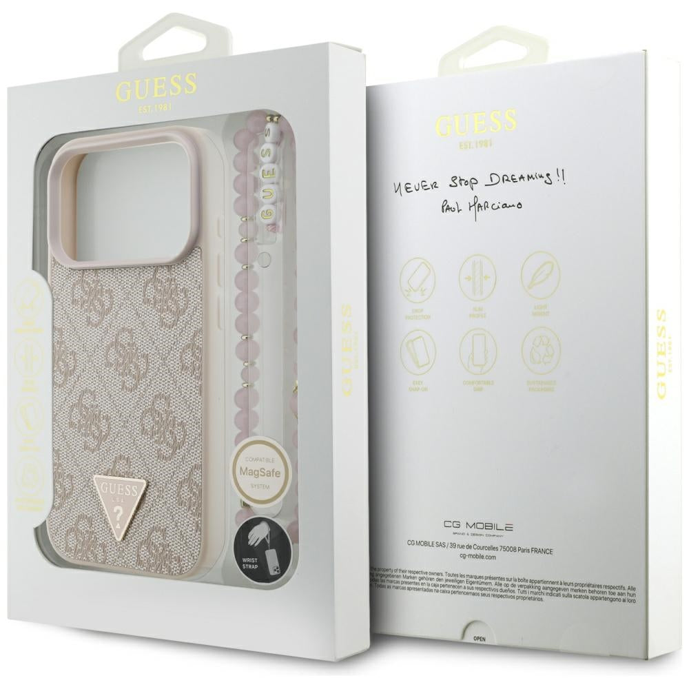 MagSafe hoesje voor Apple iPhone 17 Pro, Guess, 4G Triangle Logo met Parelband, Roze