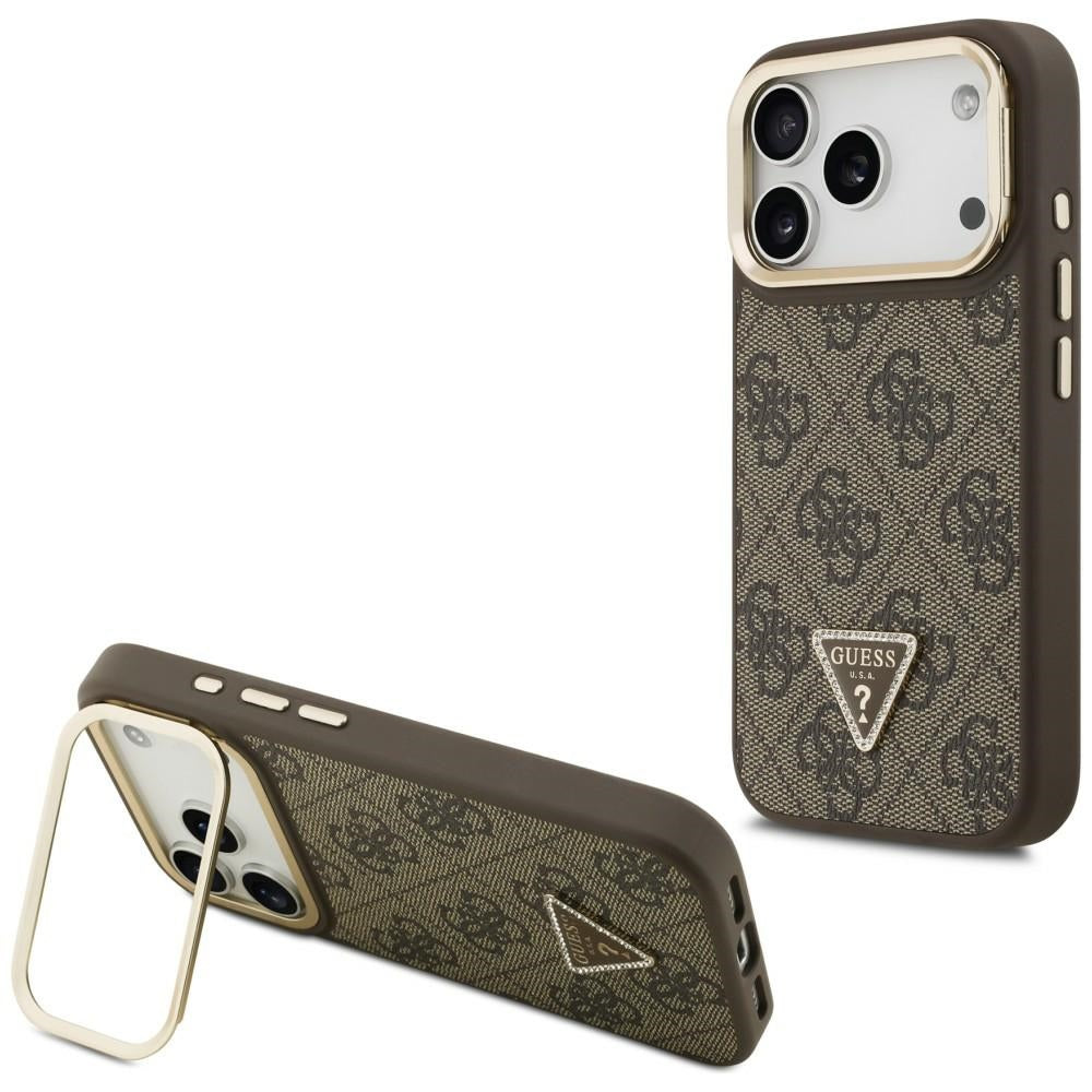 MagSafe hoesje voor Apple iPhone 17 Pro, Guess, 4G Triangle Logo met Stand Camera, Goudbruin