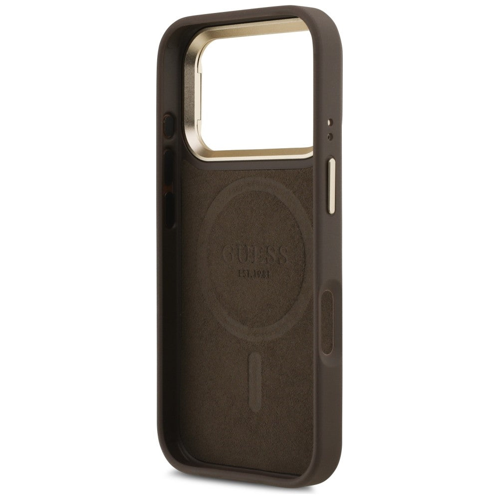 MagSafe hoesje voor Apple iPhone 17 Pro, Guess, 4G Triangle Logo met Stand Camera, Goudbruin