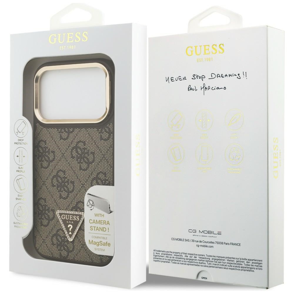 MagSafe hoesje voor Apple iPhone 17 Pro, Guess, 4G Triangle Logo met Stand Camera, Goudbruin
