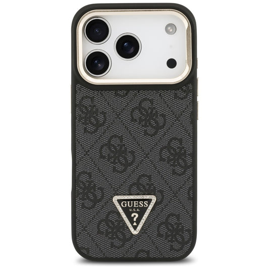 MagSafe hoesje voor Apple iPhone 17 Pro, Guess, 4G Triangle Logo met Stand Camera, Zwart Goud