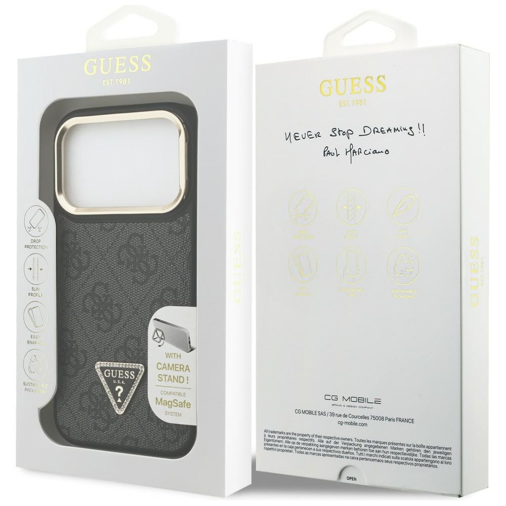 MagSafe hoesje voor Apple iPhone 17 Pro, Guess, 4G Triangle Logo met Stand Camera, Zwart Goud