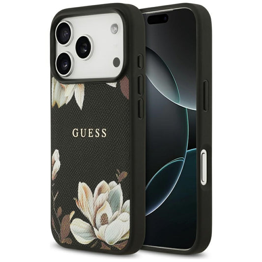 MagSafe hoes voor Apple iPhone 17 Pro, Guess, Grained Flowers, Zwart