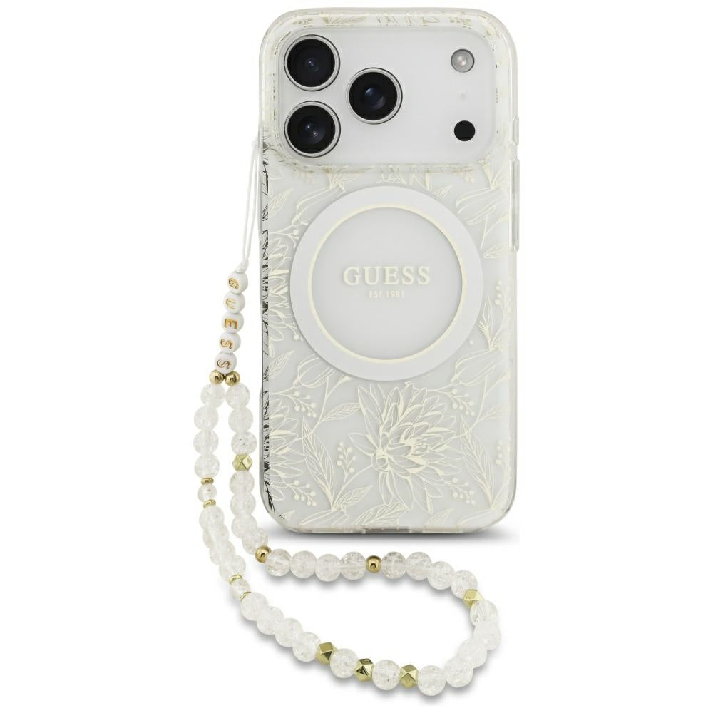 MagSafe hoesje voor Apple iPhone 17 Pro, Guess, IML Flowers Allover Electroplated with Pearl Strap, Wit