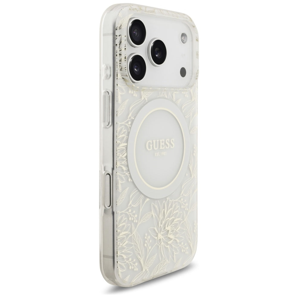 MagSafe hoesje voor Apple iPhone 17 Pro, Guess, IML Flowers Allover Electroplated with Pearl Strap, Wit