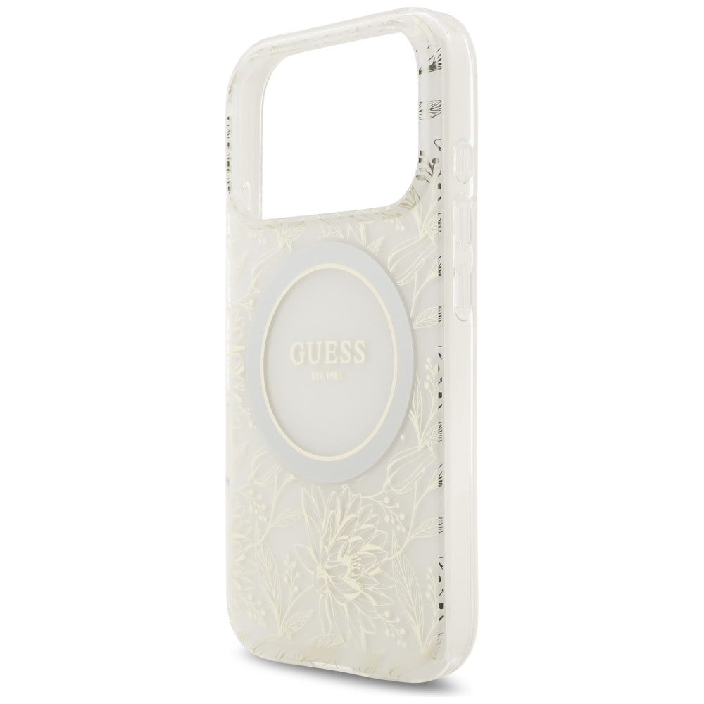 MagSafe hoesje voor Apple iPhone 17 Pro, Guess, IML Flowers Allover Electroplated with Pearl Strap, Wit