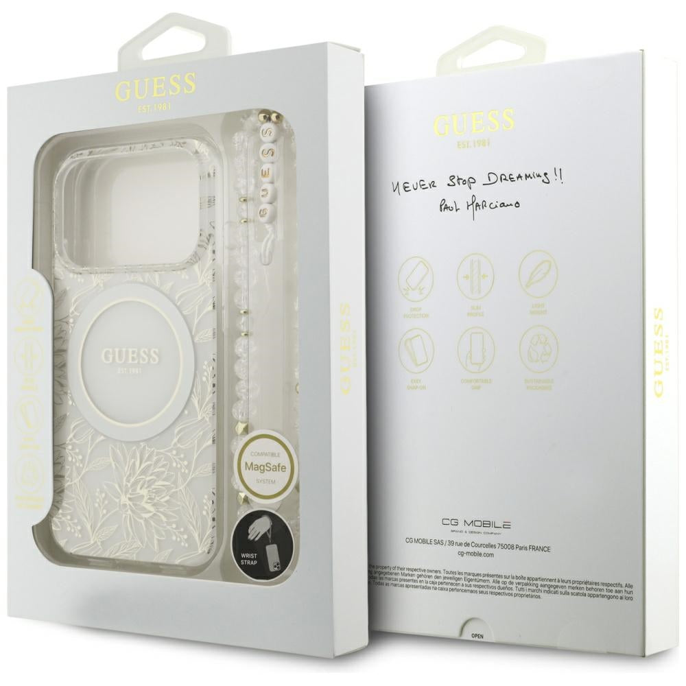 MagSafe hoesje voor Apple iPhone 17 Pro, Guess, IML Flowers Allover Electroplated with Pearl Strap, Wit