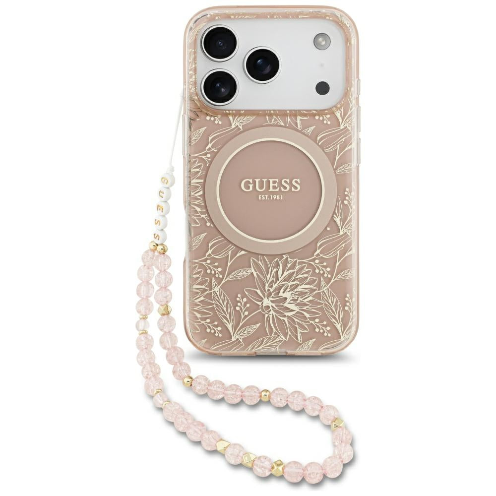 MagSafe hoesje voor Apple iPhone 17 Pro, Guess, IML Flowers Allover Electroplated with Pearl Strap, Roze