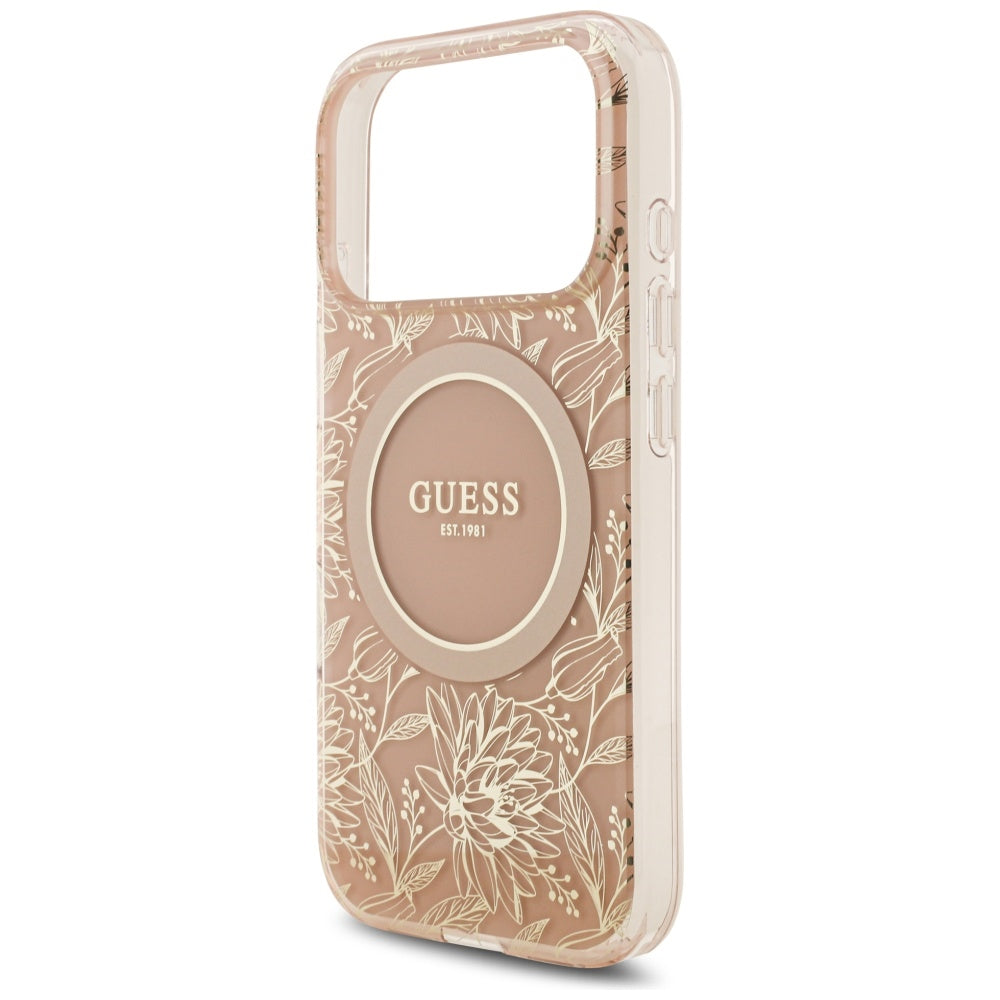 MagSafe hoesje voor Apple iPhone 17 Pro, Guess, IML Flowers Allover Electroplated with Pearl Strap, Roze