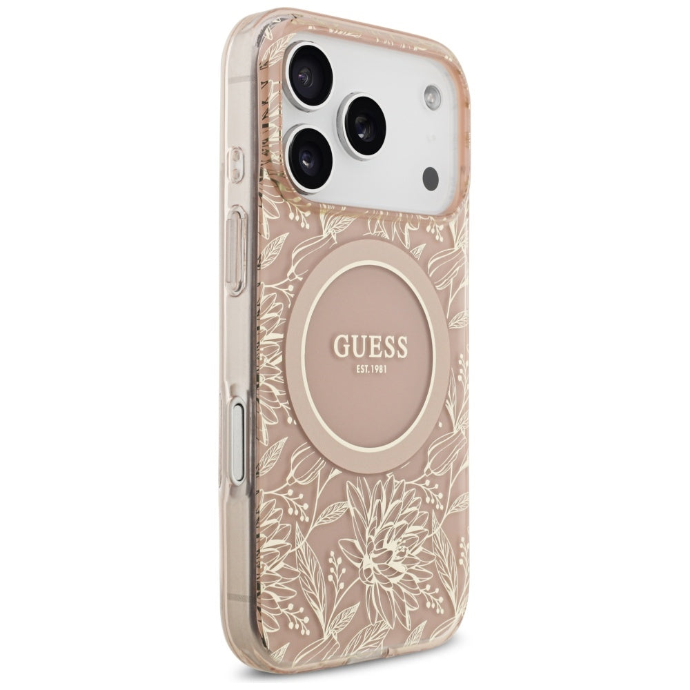 MagSafe hoesje voor Apple iPhone 17 Pro, Guess, IML Flowers Allover Electroplated with Pearl Strap, Roze