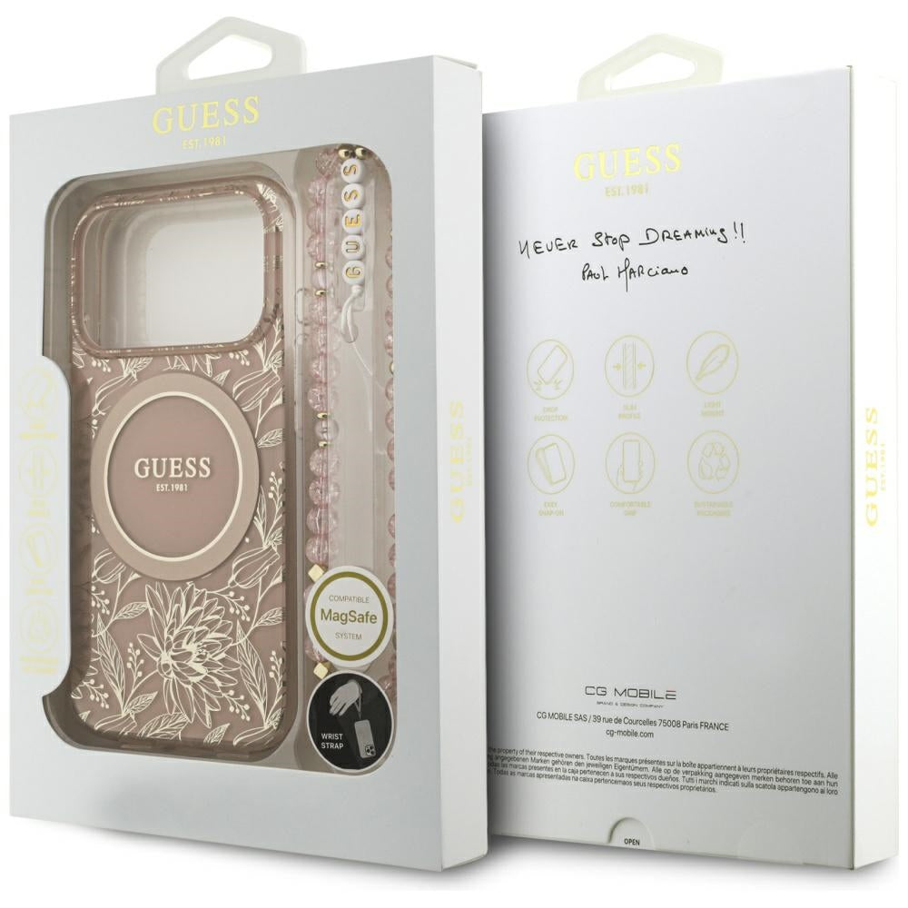MagSafe hoesje voor Apple iPhone 17 Pro, Guess, IML Flowers Allover Electroplated with Pearl Strap, Roze