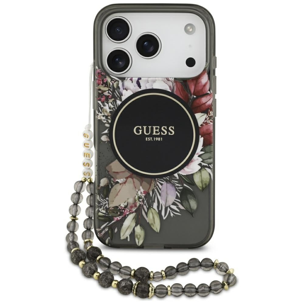 MagSafe hoesje voor Apple iPhone 17 Pro, Guess, IML Flowers with Pearl Strap, Zwart