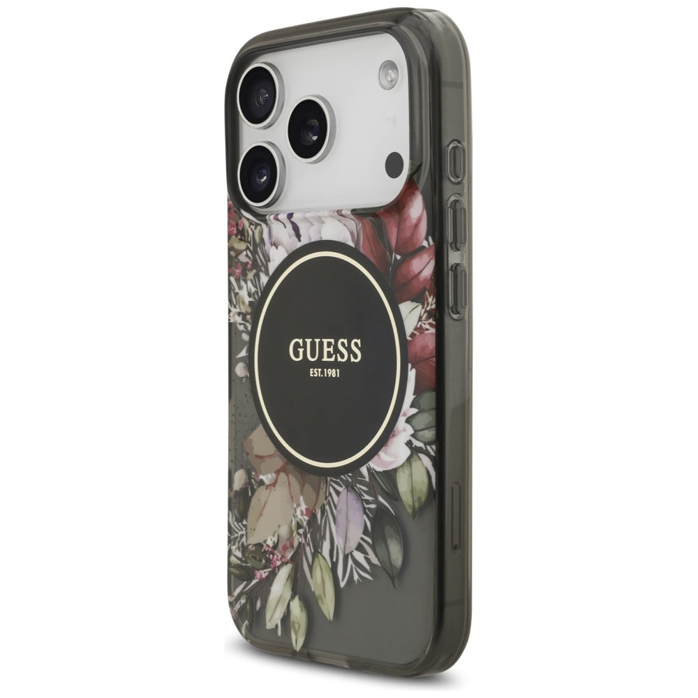 MagSafe hoesje voor Apple iPhone 17 Pro, Guess, IML Flowers with Pearl Strap, Zwart