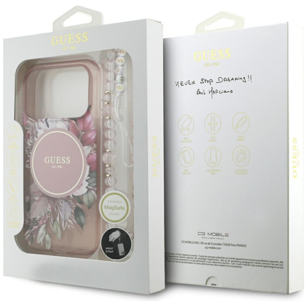 MagSafe hoesje voor Apple iPhone 17 Pro, Guess, IML Flowers met Parelband, Roze