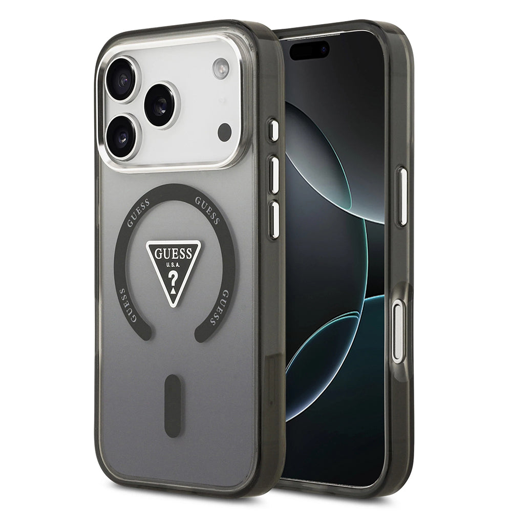 MagSafe hoesje voor Apple iPhone 17 Pro, Guess, IML Gradient Triangle Logo, Zwart Zilver