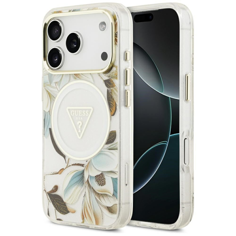 MagSafe hoesje voor Apple iPhone 17 Pro, Guess, IML Metal Glitter Flowers Triangle, Wit