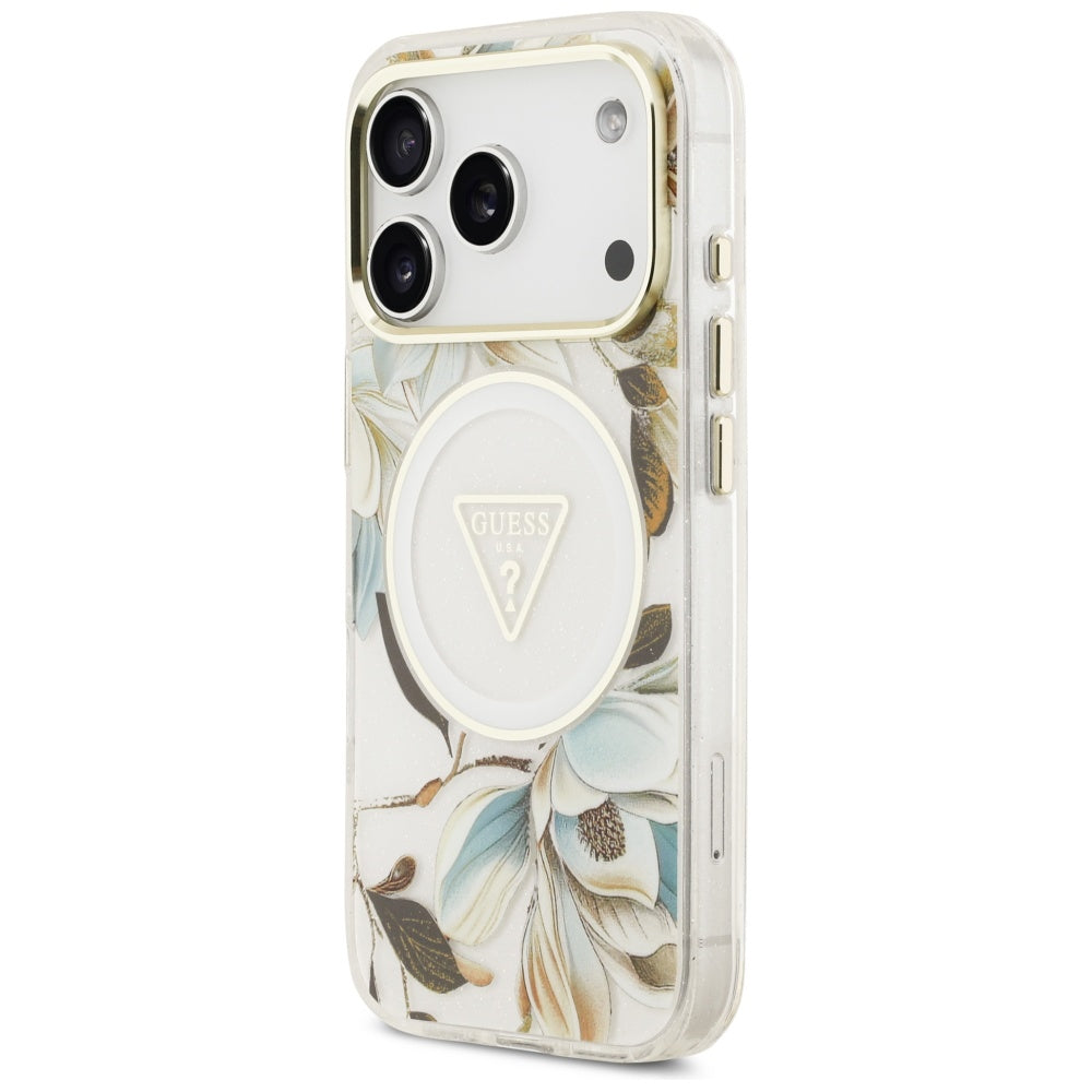 MagSafe hoesje voor Apple iPhone 17 Pro, Guess, IML Metal Glitter Flowers Triangle, Wit