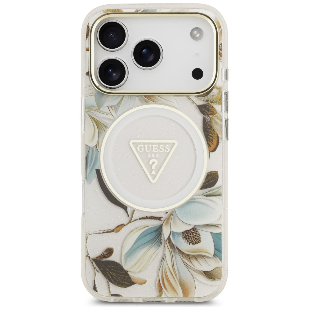 MagSafe hoesje voor Apple iPhone 17 Pro, Guess, IML Metal Glitter Flowers Triangle, Wit