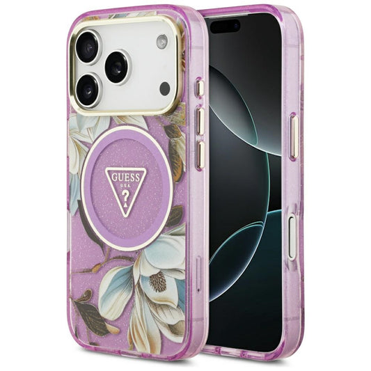 MagSafe hoesje voor Apple iPhone 17 Pro, Guess, IML Metal Glitter Flowers Triangle, Paars