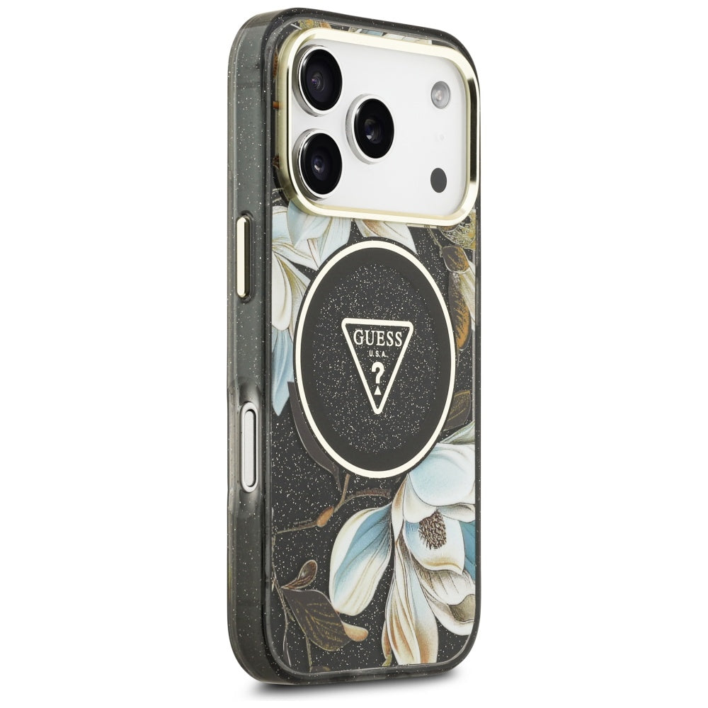 MagSafe Case for Apple iPhone 17 Pro, Guess, IML Metal Glitter Flowers Triangle, Black