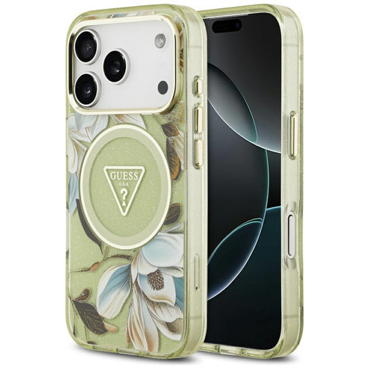 MagSafe hoes voor Apple iPhone 17 Pro, Guess, IML Metal Glitter Flowers Triangle, Groen