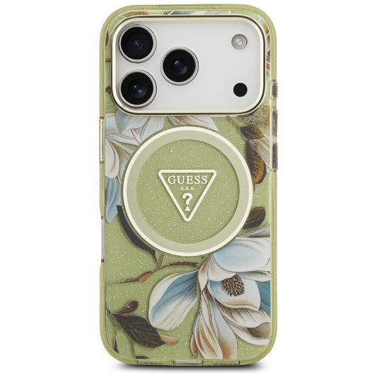 MagSafe hoes voor Apple iPhone 17 Pro, Guess, IML Metal Glitter Flowers Triangle, Groen