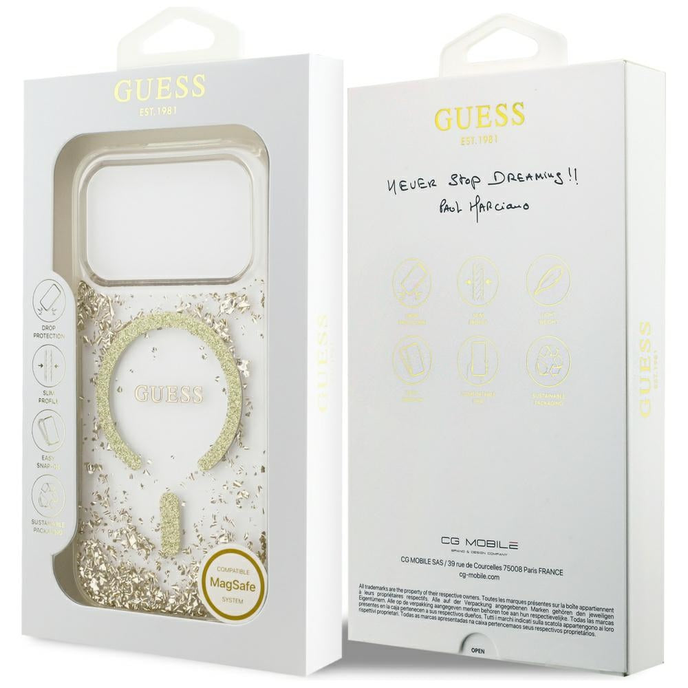 MagSafe hoesje voor Apple iPhone 17 Pro, Guess, Resin Bottom Glitter, Goud