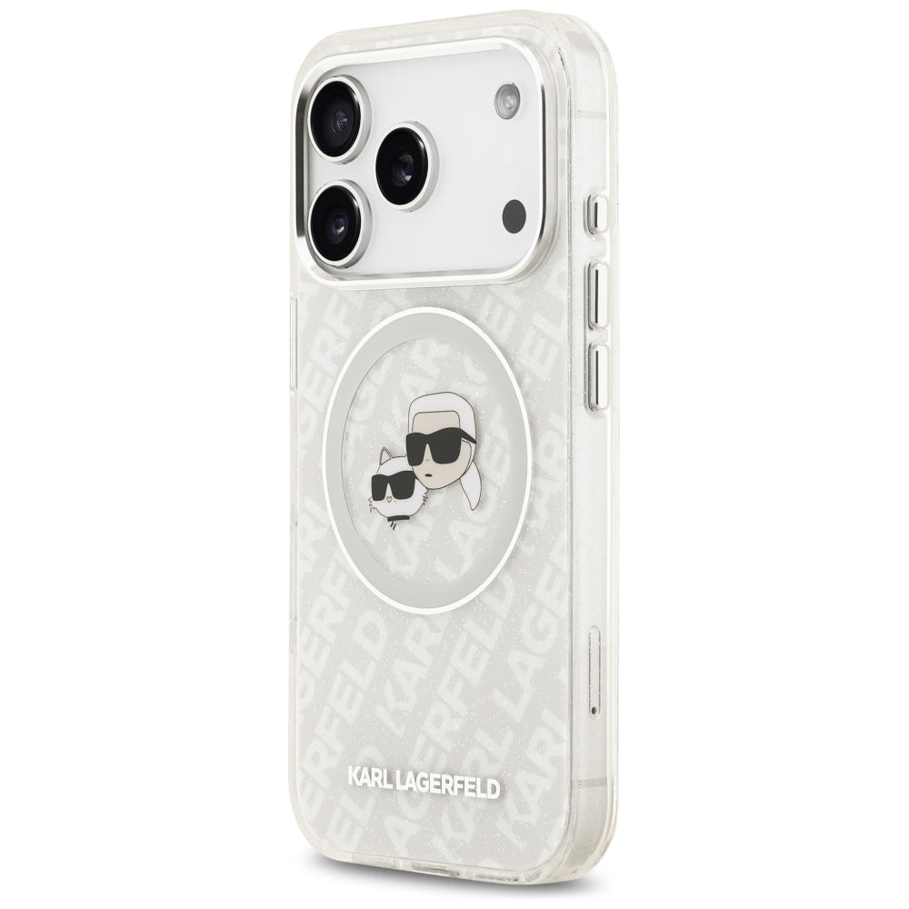 MagSafe hoesje voor Apple iPhone 17 Pro, Karl Lagerfeld, Glitter Karl & Choupette Head, Wit