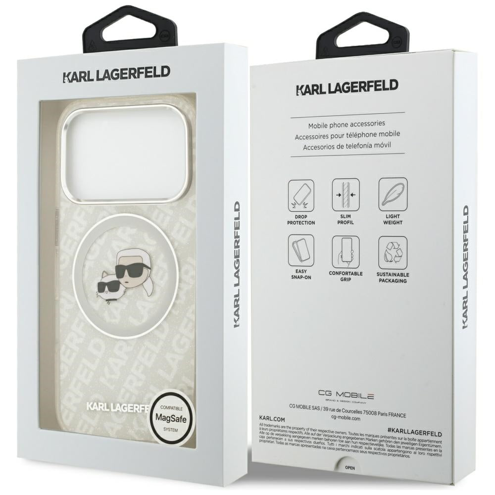 MagSafe hoesje voor Apple iPhone 17 Pro, Karl Lagerfeld, Glitter Karl & Choupette Head, Wit