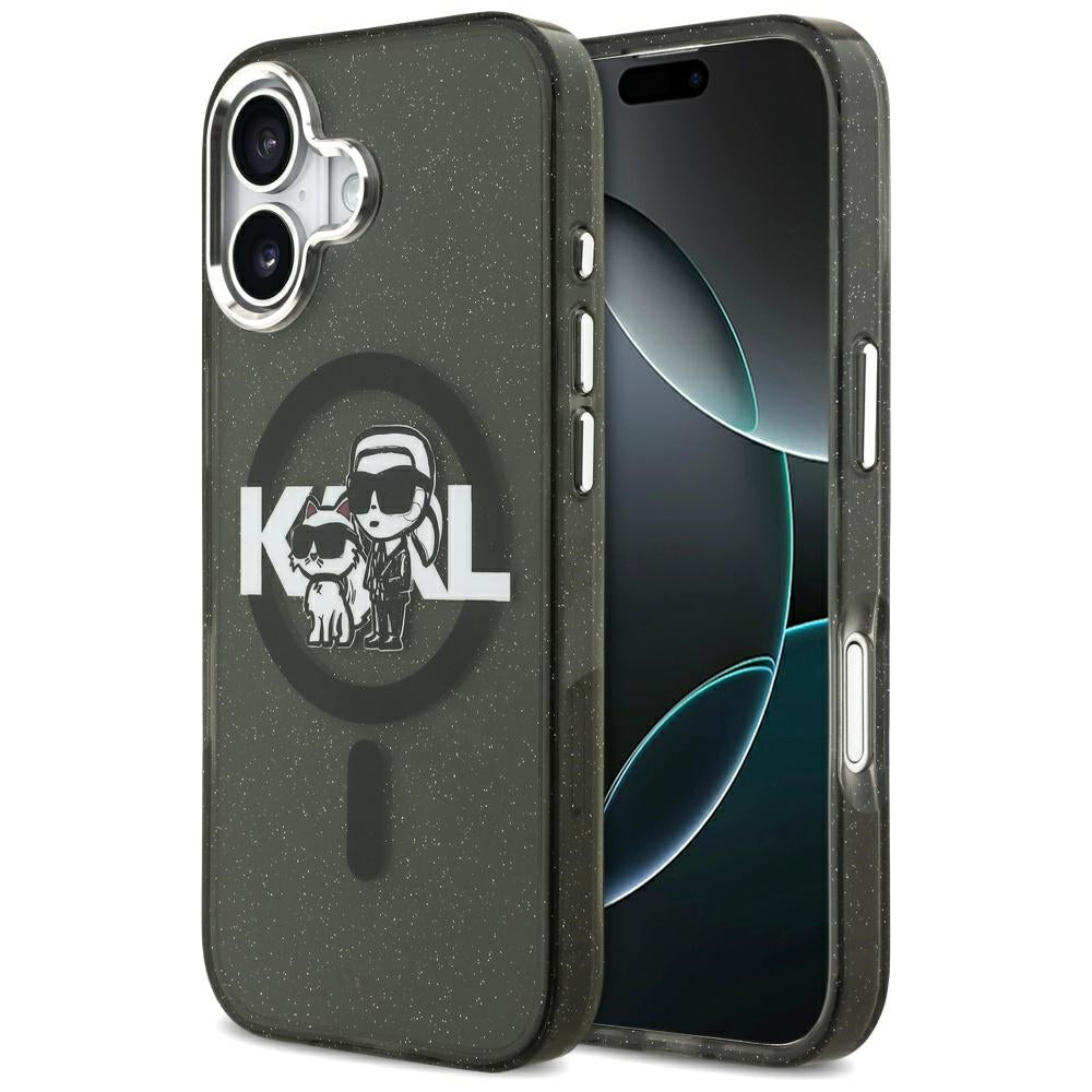 MagSafe hoesje voor Apple iPhone 17 Pro, Karl Lagerfeld, IML Sketch Logo Glitter Karl & Choupette, Zwart