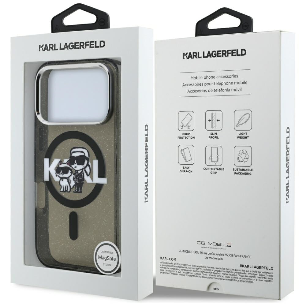 MagSafe hoesje voor Apple iPhone 17 Pro, Karl Lagerfeld, IML Sketch Logo Glitter Karl & Choupette, Zwart
