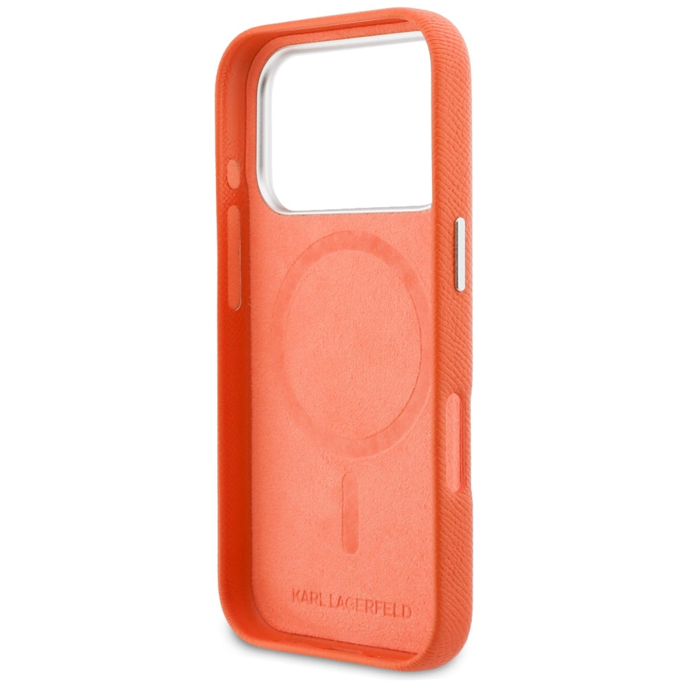 MagSafe hoes voor Apple iPhone 17 Pro, Karl Lagerfeld, Saffiano Karl & Choupette Pins, Oranje