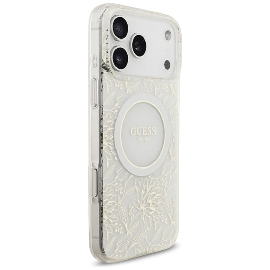 MagSafe hoesje voor Apple iPhone 17 Pro Max, Guess, IML Flowers Allover Electroplated with Pearl Strap, Wit