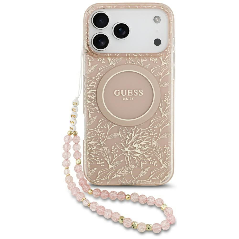 MagSafe hoesje voor Apple iPhone 17 Pro Max, Guess, IML Flowers Allover Electroplated with Pearl Strap, Roze