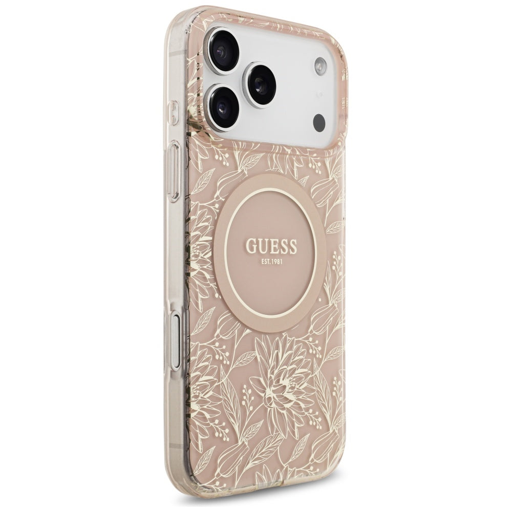 MagSafe hoesje voor Apple iPhone 17 Pro Max, Guess, IML Flowers Allover Electroplated with Pearl Strap, Roze