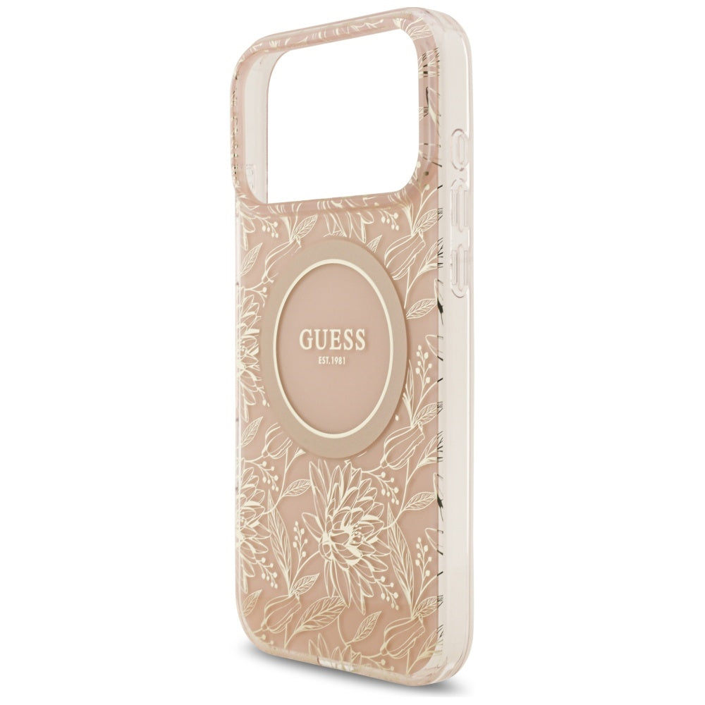 MagSafe hoesje voor Apple iPhone 17 Pro Max, Guess, IML Flowers Allover Electroplated with Pearl Strap, Roze