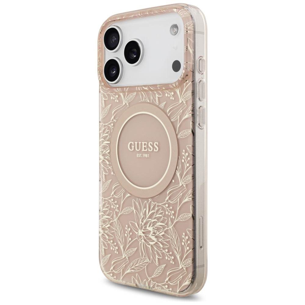 MagSafe hoesje voor Apple iPhone 17 Pro Max, Guess, IML Flowers Allover Electroplated with Pearl Strap, Roze