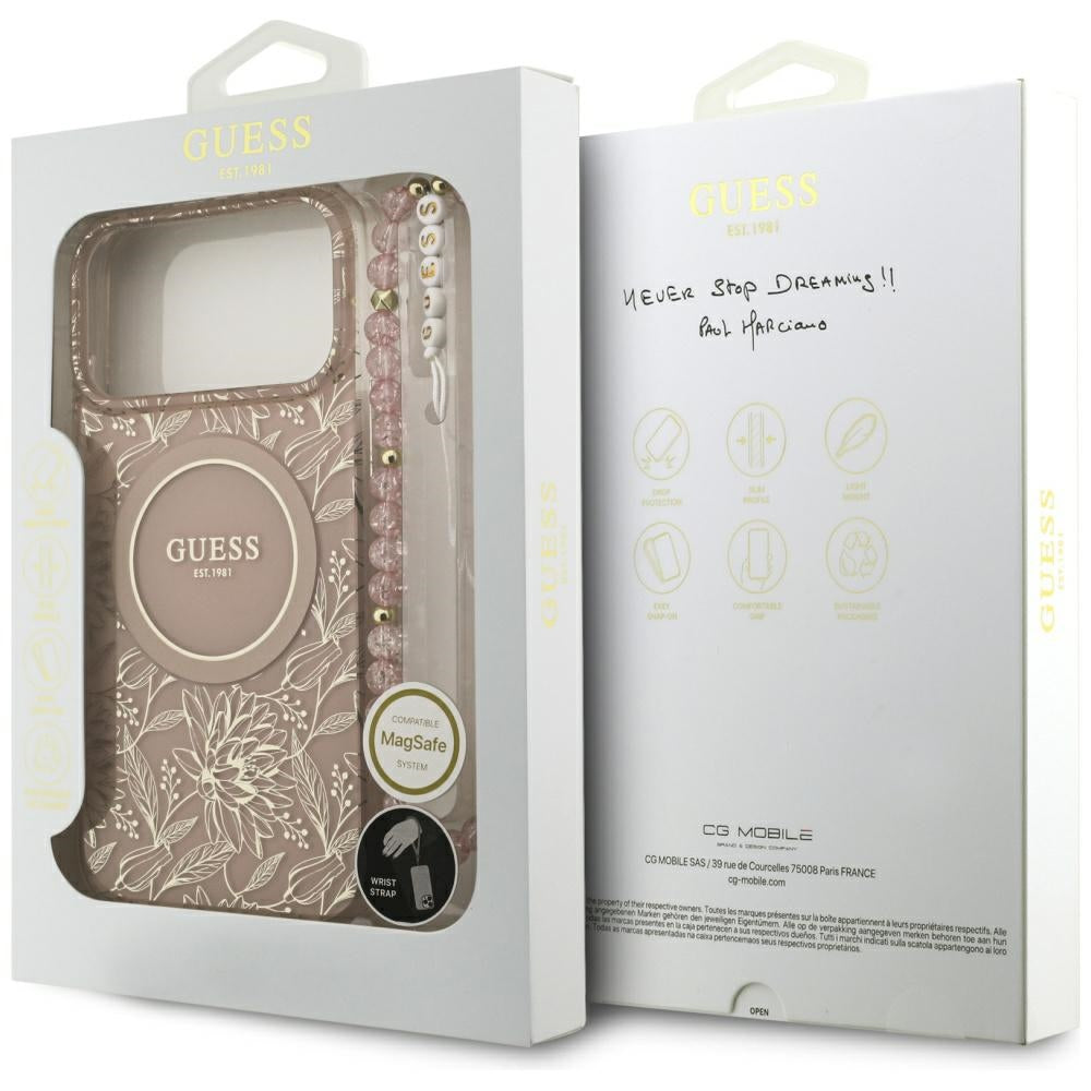 MagSafe hoesje voor Apple iPhone 17 Pro Max, Guess, IML Flowers Allover Electroplated with Pearl Strap, Roze