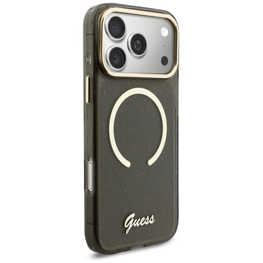 MagSafe hoes voor Apple iPhone 17 Pro Max, Guess, IML Glitter Script Strap, Zwart
