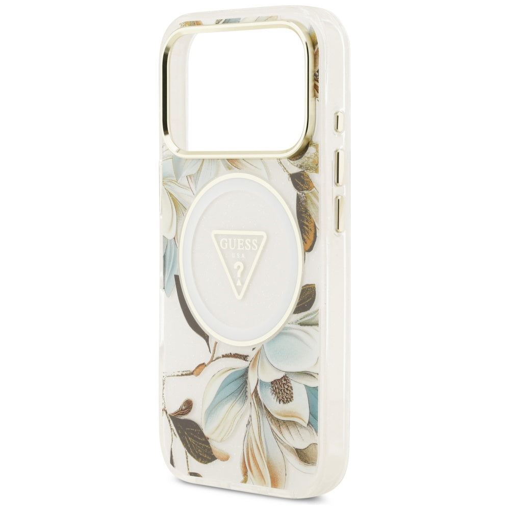 MagSafe hoesje voor Apple iPhone 17 Pro Max, Guess, IML Metal Glitter Flowers Triangle, Wit