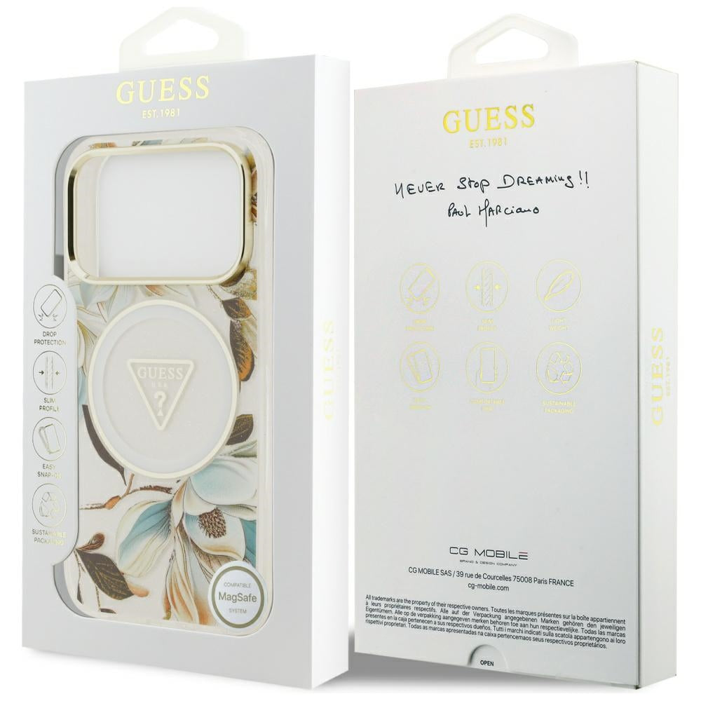 MagSafe hoesje voor Apple iPhone 17 Pro Max, Guess, IML Metal Glitter Flowers Triangle, Wit