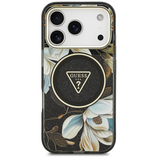 MagSafe hoesje voor Apple iPhone 17 Pro Max, Guess, IML Metal Glitter Flowers Triangle, Zwart