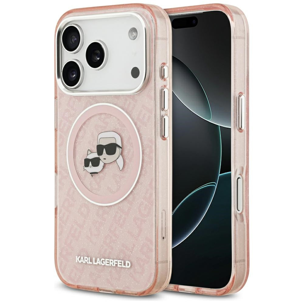 MagSafe hoesje voor Apple iPhone 17 Pro Max, Karl Lagerfeld, Glitter Karl & Choupette Head, Roze