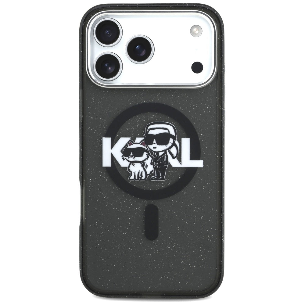 MagSafe hoes voor Apple iPhone 17 Pro Max, Karl Lagerfeld, IML Sketch Logo Glitter Karl & Choupette, Zwart