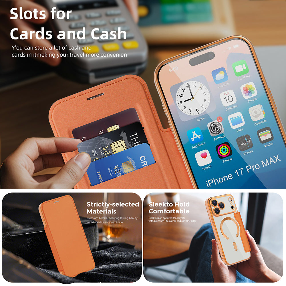 MagSafe Case for Apple iPhone 17 Pro, Techsuit, SmartMag Book, Orange