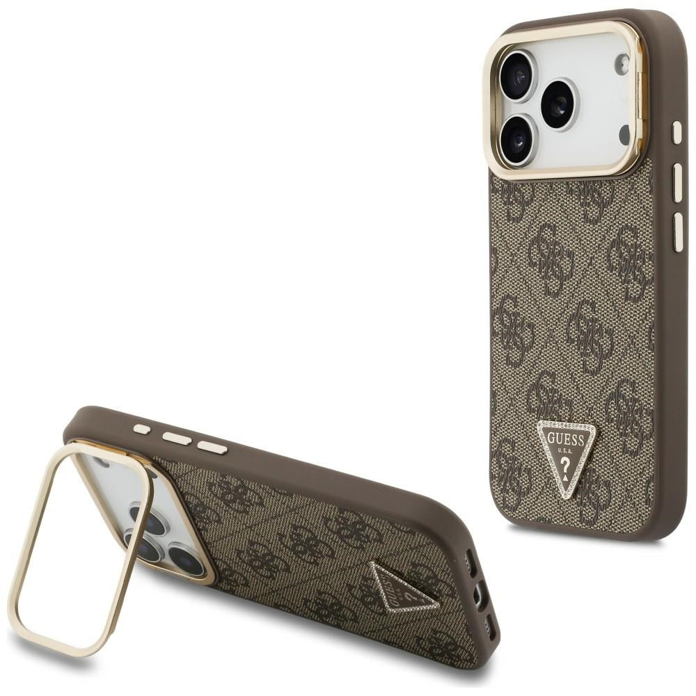 MagSafe-hoesje voor Apple iPhone 18 Pro / 17 Pro, Guess, 4G Triangle Logo & Camera-standaard, bruin